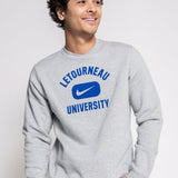 Person wearing a gray Nike sweatshirt with 'Letourneau University' printed on it.